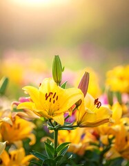 Vibrant yellow lilies bathed in sunlight