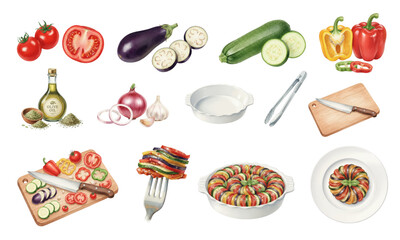 Watercolor Ratatouille Ingredients and Traditional French Dish