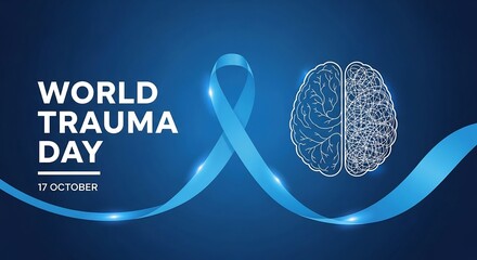 World trauma day awareness campaign featuring a blue ribbon and a stylized brain illustration