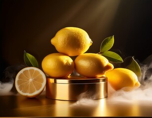 fresh vibrant lemons and slices illuminated by sunlight displayed on golden podiums amidst a cloud of vapor