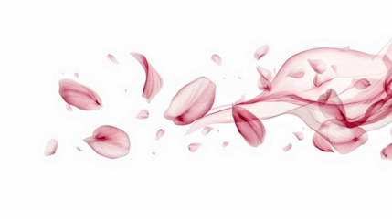 Scattered pink petals and tiny droplets dance across white space, adding movement, romance, and freshness for advertising, perfume storytelling, website hero images, promotional layouts, and graceful 
