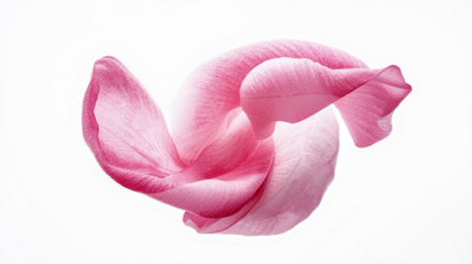 Single pink petal in delicate close up rests on white, its velvety texture and luminous edge suggesting purity and care, designed for cosmetic branding, spa banners, invitations, social ads. 