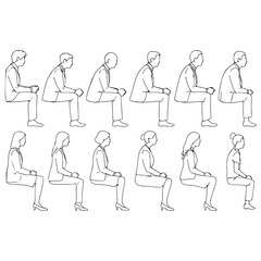 men and 
women and teenagers sitting on bench or chair business group in profile view