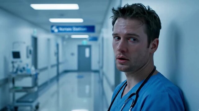 Exhausted healthcare worker leans against hospital wall seeking relief after long shift, conveying stress and dedication in a medical setting