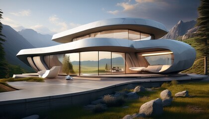 Obraz premium futuristic luxury prairie home with concrete design and scenic mountain view