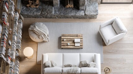Cozy living room with white sofa, armchair, bookshelf, and wooden table