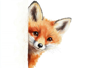 Obraz premium Watercolor of a cute fox peeking from behind wall isolated on transparent background