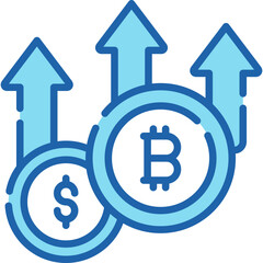 Lineal Color Blue Cryptocurrency Icon with Bitcoin and Dollar Increasing Arrows