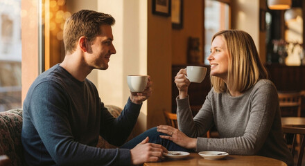 A couple in love spends intimate time over cups of hot coffee in a warm sunny cafe, talking casually