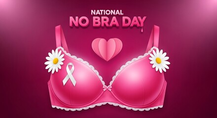 National no bra day awareness campaign featuring pink bra with awareness ribbon and heart