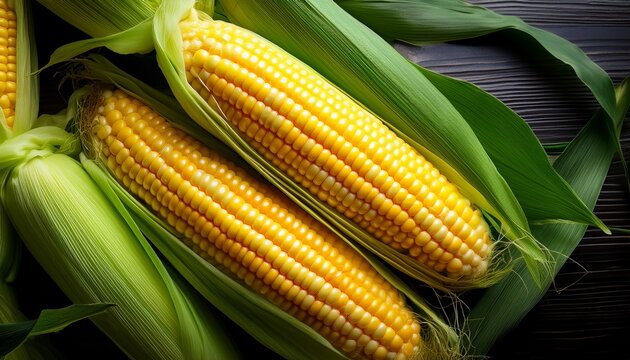 fresh yellow corn cobs nestled on green leaves