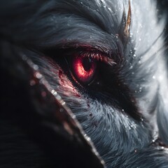 Intense  captures a glowing, red eye within a creature's furry face, highlighting striking detail and ominous mood, enhanced by drops on the fur and subtle contrast. The eye dominates the frame.