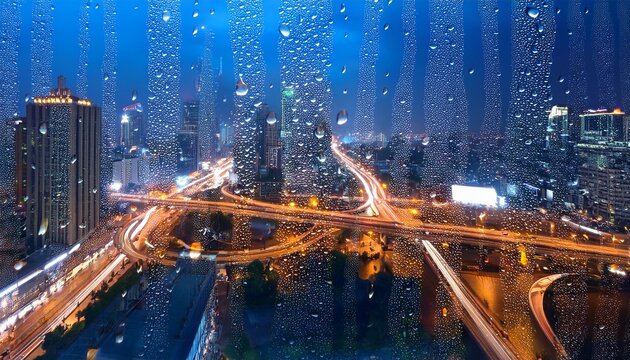 rainy night cityscape viewed through rain streaked window 1