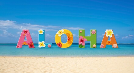 Tropical Aloha greeting featuring colorful floral letters on a serene beach backdrop