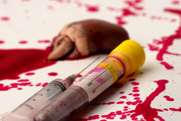 Obraz premium Raw heart with syringe and blood vial on splattered red paint background, surreal horror still life symbolizing fear, experiments, and fragile line of mortality.