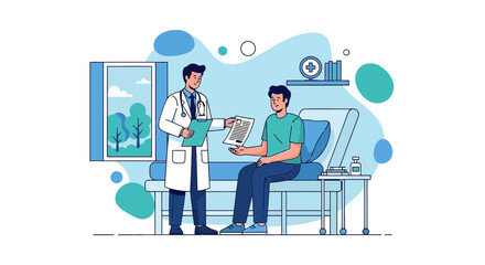 Doctor explaining medical test results to patient in hospital bed setting illustration