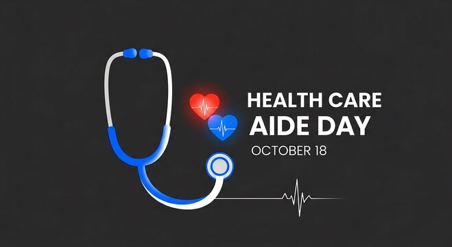 Celebrating healthcare aide day with a stethoscope and heart icons on a dark background
