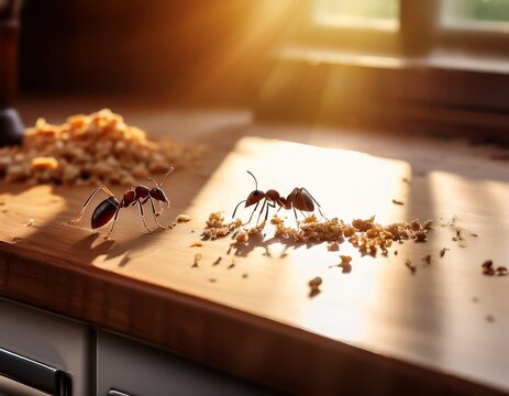 two ants on kitchen counter with crumbs sunlight streaming through window