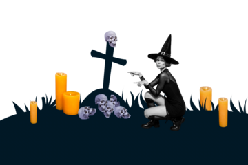 Composite sketch collage of happy halloween autumn holiday spooky season young woman witch sit grave cross night graveyard candle ritual