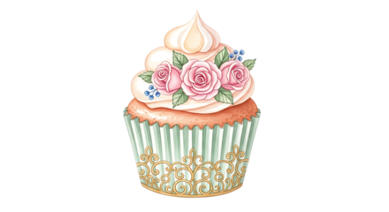 Illustration of decorative cupcake with pink roses and frosting, isolated on transparent background