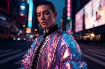Obraz premium Reflective bomber jacket glows with neon hues against blurred futuristic cityscape