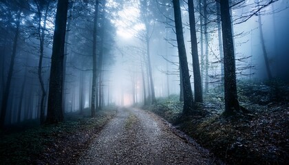 Naklejka premium foggy forest night