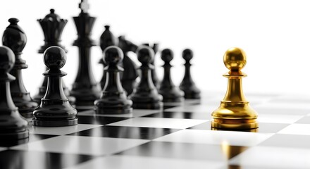 A single gold pawn chess piece stands out against a black army of chess pieces on a chessboard