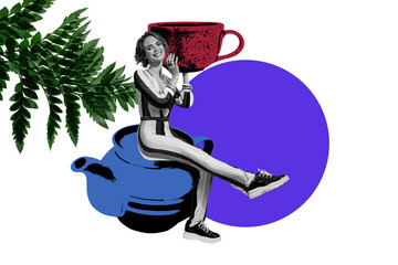 Composite photo collage of happy girl sit kettle hot herbal tea beverage tea-party celebration coffeehouse isolated on painted background