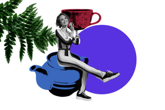 Composite photo collage of happy girl sit kettle hot herbal tea beverage tea-party celebration coffeehouse isolated on painted background