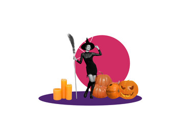 Composite trend artwork 3D sketch collage of happy halloween autumn holiday spooky season young lady witch pumpkin hold broom candle decor