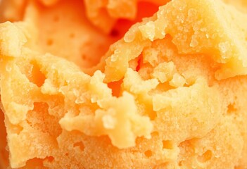 Close-up of vibrant orange ice cream, melting slightly, showcasing texture,   color,   delicious food