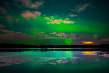 Aurora Borealis over Lake in Southern Finland, Autumn Reflection