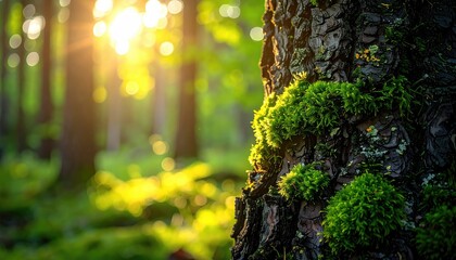 Obraz premium Close Up of Moss Covered Tree Trunk in a Sunny Autumn Forest with Bokeh Background and Warm Sunlight Hitting the Bark in a Panoramic Scenic View