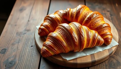 Golden-brown croissants on rustic wooden table,   wheat,  morning