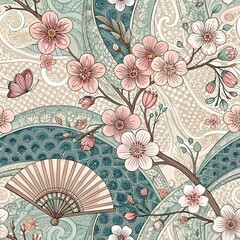 Vintage Japanese pattern with cherry blossoms, decorative fans, and ornate waves in soft pink, teal, and cream colors with delicate botanical details