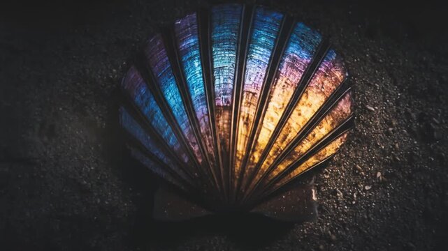 Illuminated seashell on dark background nature and artistic composition