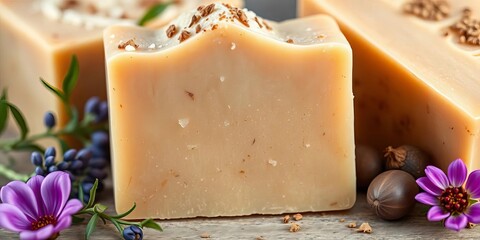Close-up of artisan organic soap bar, natural ingredients visible, homemade, natural soap