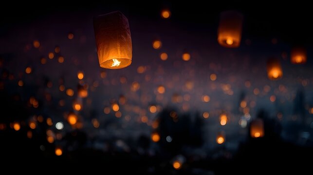 A multitude of glowing sky lanterns ascend into the dark night sky illuminating the twilight with their warm magical glow