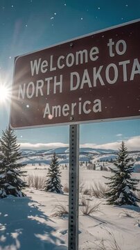 Sign with the inscription Welcome to North Dakota against the background of a winter landscape