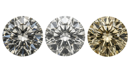 Illustration of three round cut diamonds in different colors, isolated on transparent background