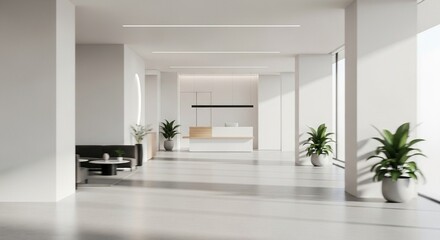Fototapeta premium Modern Minimalist Office Interior Space with Reception and Seating Area