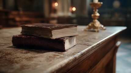 Two antique books rest on a textured surface near a golden candlestick with soft indoor lighting