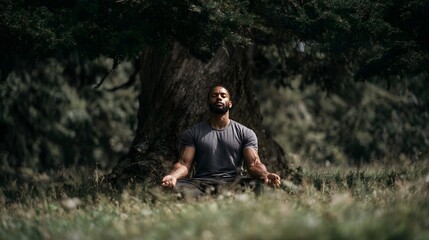Obraz premium A muscular man meditates in stillness under a large ancient tree in a serene natural environment