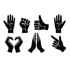 Essential solid black silhouette icon set of hand gestures, including thumbs up, fist, heart shape, pointing, and prayer for communication.