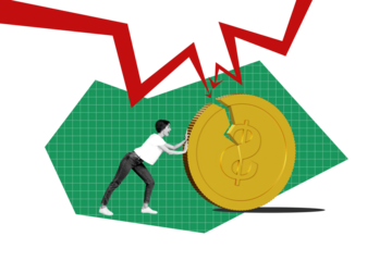 Creative photo collage young woman pull effort golden coin dollar currency recession loss finance inflation devaluation crisis bankruptcy