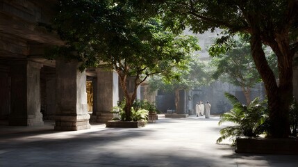 Fototapeta premium Sunlit ancient temple courtyard with robed figures walking amidst pillars and trees