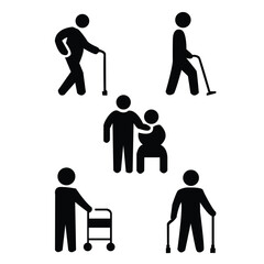 Essential solid black icon set for elderly care and senior assistance, featuring canes, a walker, and a caregiver providing support.