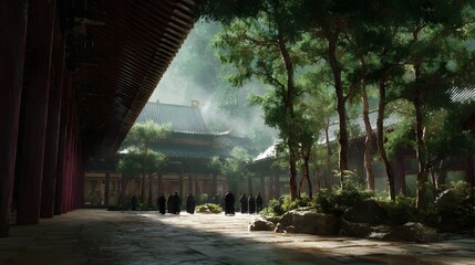 Serene temple courtyard with figures in dark robes walking amidst misty trees and ancient architecture