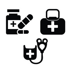 Essential solid black icon collection for medical services and health care, featuring pills, a first aid kit, and a stethoscope.