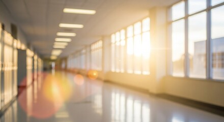 Abstract Blurred Interior School Hallway with Lockers and Bright Sunlight